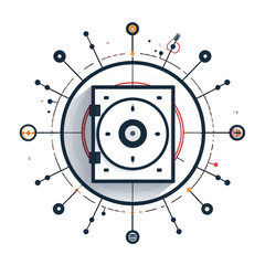 Obraz premium Abstract digital illustration of a secure vault at the center of a complex technological network with radiating lines and nodes on a white background