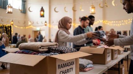 Diverse muslim community volunteers collecting and distributing donated clothing during a Ramadan charity event, focus on a box with clothes and the text "Ramadan charity" in the foreground