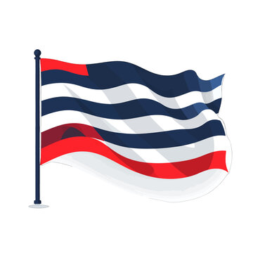 Waving Flag With Blue White And Red Stripes On Flagpole Against White Background