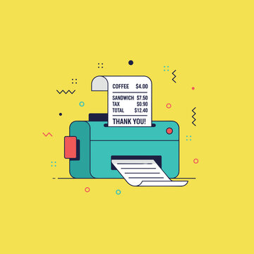 Illustration of a teal printer printing a receipt with coffee and sandwich costs.