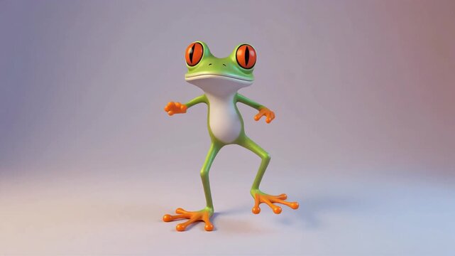A whimsical 3D animated cartoon frog dancing while standing on its hind legs, appearing ready to jump