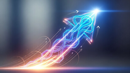 Fototapeta premium Glowing blue arrow with neon lines and light trails on dark background