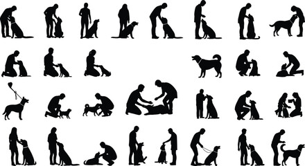 Vector silhouette illustration of happy family playing at a playground, including father, children on swings, and a dog, depicting childhood fun, recreation, and family time concept