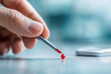 Close up view of a hand holding a medical tool with a single drop of blood falling