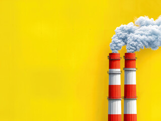 Industrial chimneys emitting pollution on yellow background