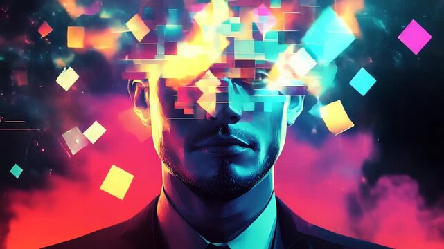 Man with exploding head made of digital squares and abstract shapes.