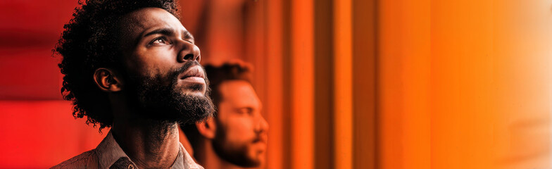 A portrait of two thoughtful men gazing upward with a warm light casting on their faces. The men appear contemplative and their expressions hint at deep thought