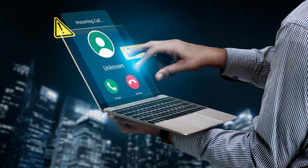 A man interacts with an unknown video call on his laptop amid a modern cityscape at night, showcasing technology, communication, and urban lifestyle elements. Gantry