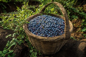 A full basket of fresh, ripe blueberries on a rustic basket in a natural setting. The blueberries are a deep blue, contrasting the basket