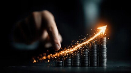 Financial growth is visualized through the upward trajectory of a glowing arrow, symbolizing increasing wealth and progress, suggesting financial success