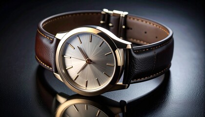 Elegant luxury watch with brown leather strap on dark background