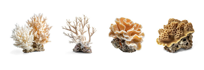 Collection of Coral bleaching Loses color due to stress or changes in temperature. full length isolate on transparent background