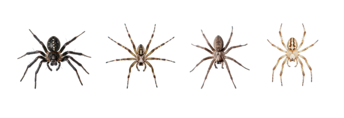 Collection of Spider hiding Stays in a dark crevice or under leaves for camouflage. full length isolate on transparent background