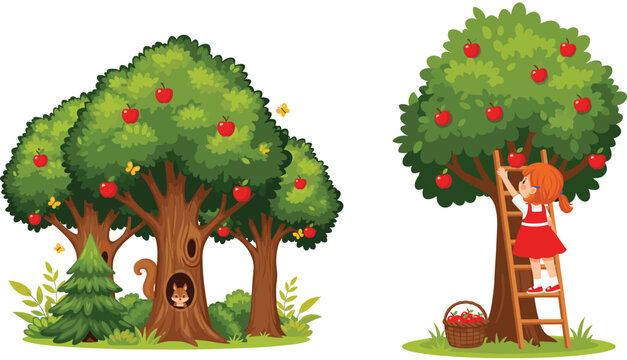 Charming vector illustration set depicting apple trees in an autumn forest, a little girl harvesting fruit from a ladder, and a cute squirrel in a tree hollow.