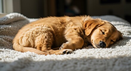 Golden Retriever puppy sleeping on a fluffy white rug bathed in sunlight