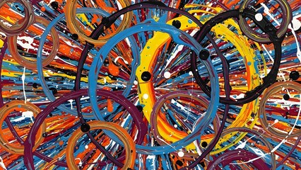Vibrant abstract painting with overlapping colorful rings and dynamic paint splatters creating a sense of energetic movement and chaotic harmony.