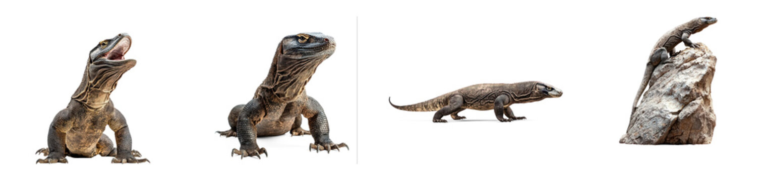 Collection of Komodo dragon hissing Emits a low hissing sound in defense. full length isolate on transparent background