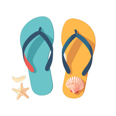Pair of colorful flip-flops resting on sandy beach with starfish and seashell accents