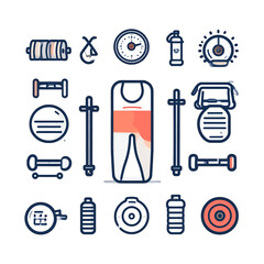Fitness icons workout equipment collection healthy lifestyle symbols sport and gym accessories with dumbbells and yoga mat blue orange and white color scheme on white background