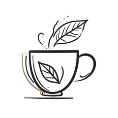Hand Drawn Sketch Of A White Cup Filled With Steaming Tea And Two Green Leaves On A White Background