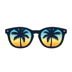 Retro Sunglasses Reflecting a Tropical Sunset with Silhouetted Palm Trees on a Beach Scene