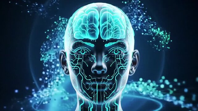 Digital head emitting blue light, symbolizing artificial intelligence or a cyber entity