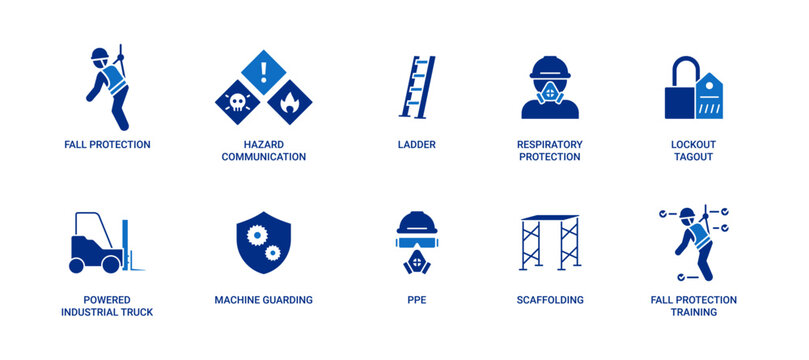 OSHA Standard icon set containing fall protection, hazard communication, ladder, respiratory protection, LOTO, powered industrial truck, machine guarding, PPE, scaffolding. fall protection training
