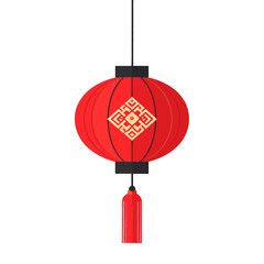 Traditional Red Lantern With Decorative Pattern And Tassel Hanging Against A White Background