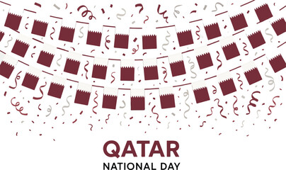 Qatar National Day celebration with maroon and white flag bunting and confetti festive background for national events and holidays