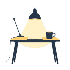 A minimalist illustration of a desk with a lamp illuminating a book and a coffee mug under a warm yellow glow on a dark blue table with thin legs and a microphone on the left side