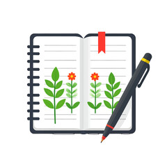 Open Notebook With Floral Illustrations and Black Pen on White Background Digital Art