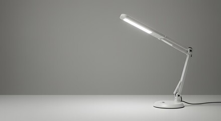 Illuminated white LED desk lamp with adjustable arm on a neutral gray background