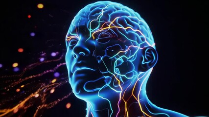 Futuristic digital AI head surrounded by data elements. Represents machine intelligence and future technology - Powered by Adobe