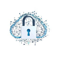 Secure Cloud Computing Network Data Protection With Padlock Icon And Abstract Blue Digital Connections On White Background