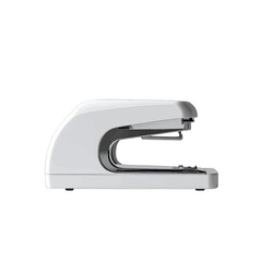 A White And Gray Modern Office Stapler Is Shown In Profile On A White Background With Subtle Lighting