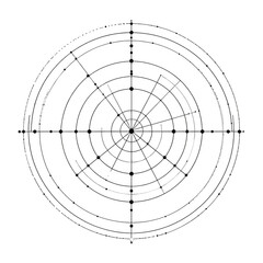 Abstract Circular Graphic Design with Concentric Lines Dots and Dash Marks Against White Background
