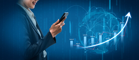 A business professional reviews data trends on a smartphone, surrounded by dynamic visual graphs, representing growth and innovative strategies for success. Scalp