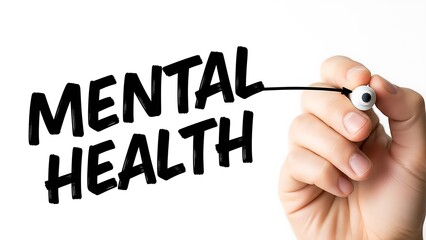 Hand drawing the words mental health in bold black marker on a clean white background for awareness campaigns