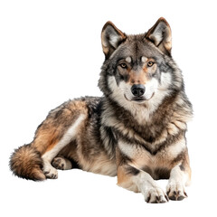Obraz premium Wolf resting A wolf lies down or sits with its tail wrapped around its body, eyes relaxed. full length isolate on transparent background
