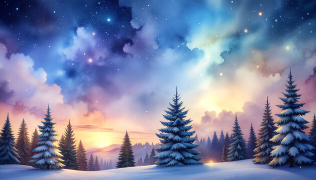 雪が積もる神秘的な森の風景