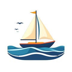 Fototapeta premium Elegant Sailboat Gliding on Blue Wavy Ocean Under Clear Sky with Distant Birds and Orange Flag