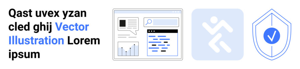Data analysis, cybersecurity, user interface, online security, visual analytics, performance tracking. Combination of charts, shield with checkmark and active movement icons. Data analysis