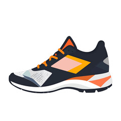 Pixelated Graphic Of A Dark Blue Running Shoe With Orange Accents And Geometric Design Elements On A White Background