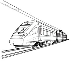 Modern High Speed Passenger Train On Tracks With Overhead Electrical Wires During Daylight In Black And White