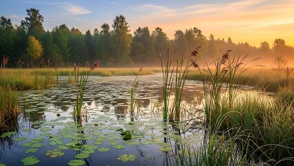 Misty morning over a tranquil swamp with lily pads and tall reeds under a colorful sky