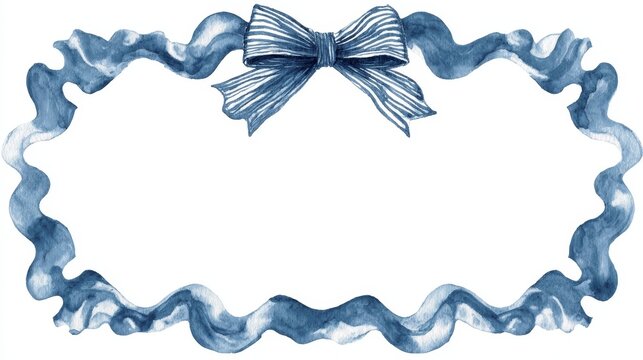 Hand-painted watercolor navy blue and white gingham ribbon frame with whimsical wavy outline and large top bow, 5x7 vertical border, minimal vintage style perfect for baby boy birthday invitations
