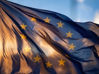European Union Flag Waving in the Wind Against a Clear Sky