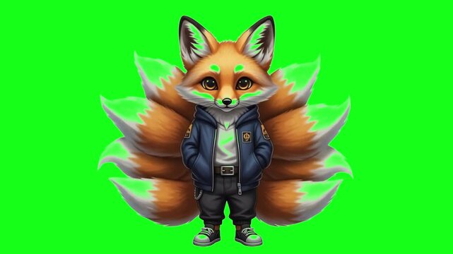 Fox with tail in green screen: A majestic fox with nine elegant tails is elegantly posing in the forefront of a vibrant green background, wearing clothing in trendy design and captivating detail. 