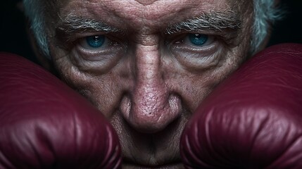 Intense close-up portrait of a determined senior boxer with red gloves and piercing blue eyes