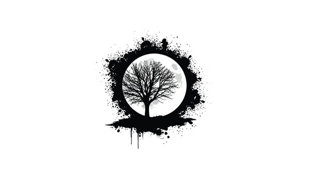 A silhouette of a bare tree framed by an oval of dark ink and a full moon